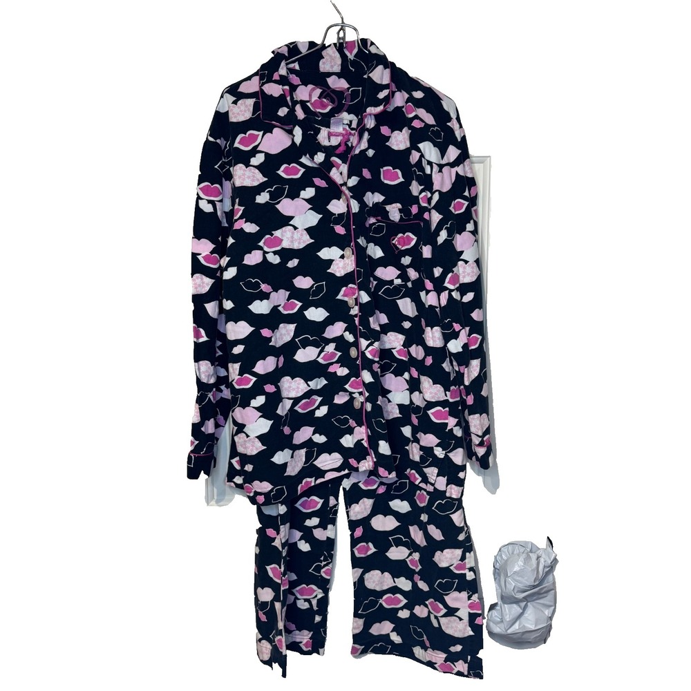 Victoria Secret Women Sleepwear Lounge Pajama Set Flannel Lips Pink Black Medium